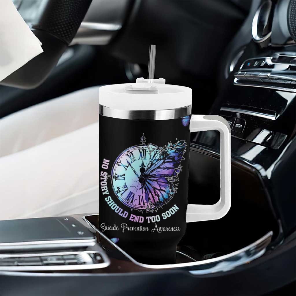 Suicide Prevention Awareness Tumbler With Handle Teal Purple Butterfly No Story Should End Too Soon - Wonder Print Shop