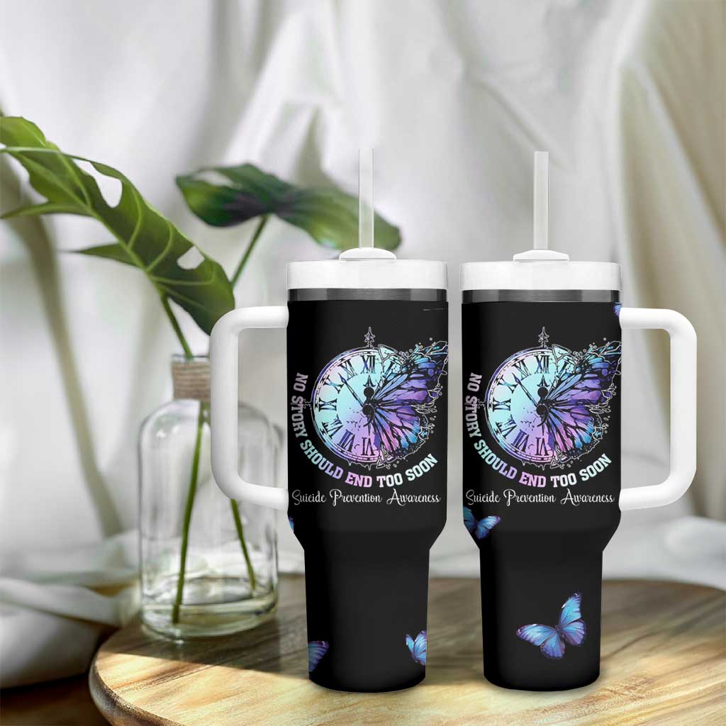 Suicide Prevention Awareness Tumbler With Handle Teal Purple Butterfly No Story Should End Too Soon - Wonder Print Shop