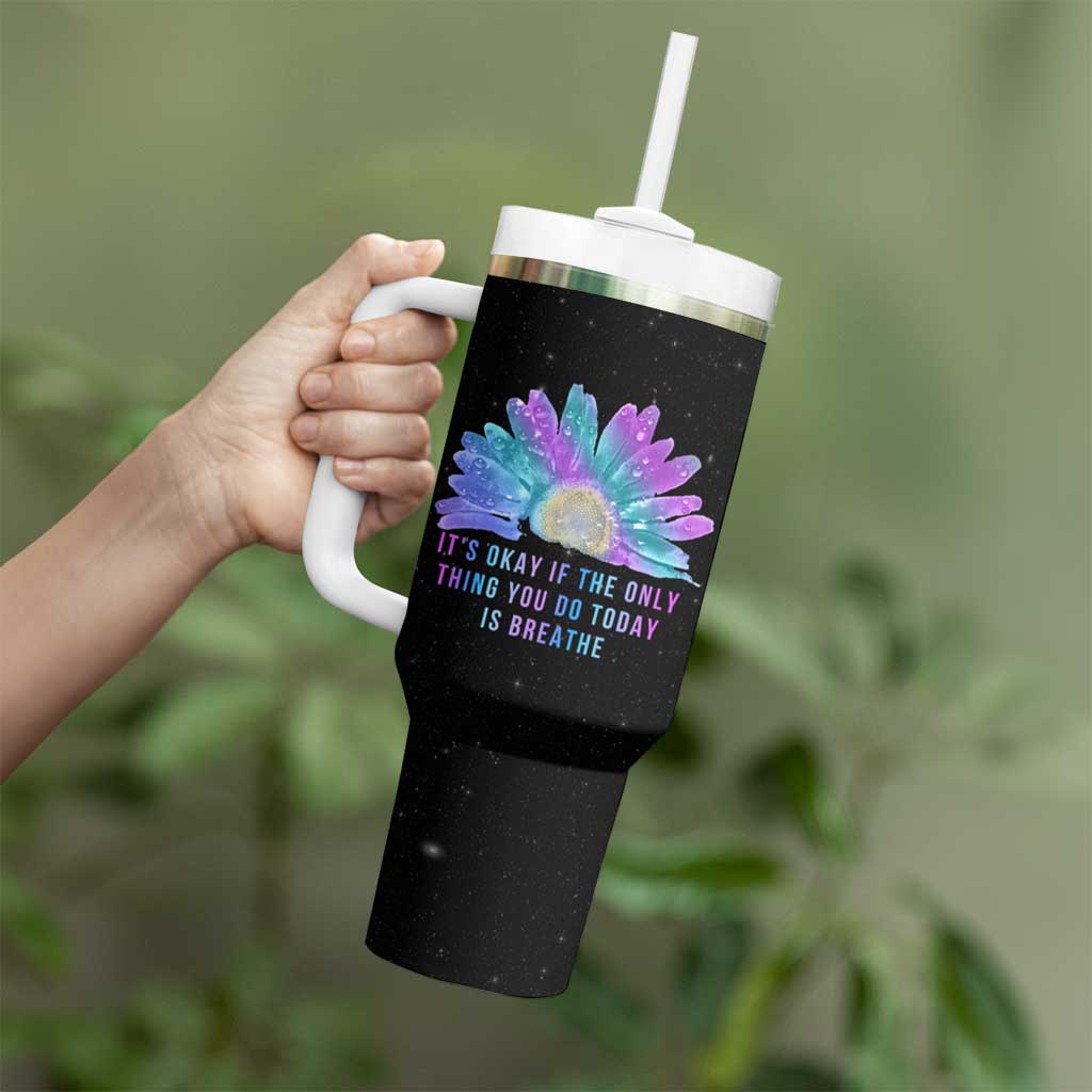 Suicide Prevention Awareness Tumbler With Handle Teal Purple Sunflower It's Okay If The Only Thing You Do Today Is Breathe - Wonder Print Shop