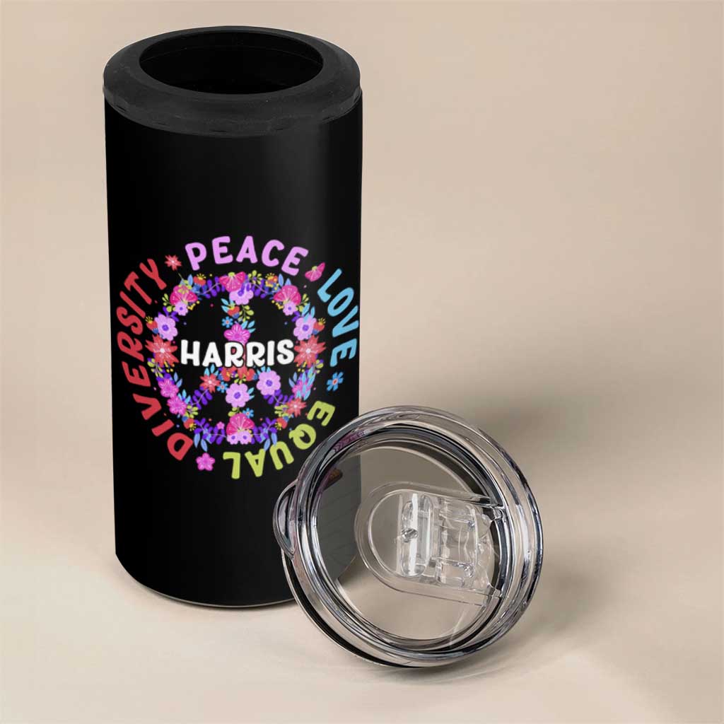 Harris 2024 Election 4 in 1 Can Cooler Tumbler Feminist Flower Peace Love Equality Hope Diversity American Flag - Wonder Print Shop