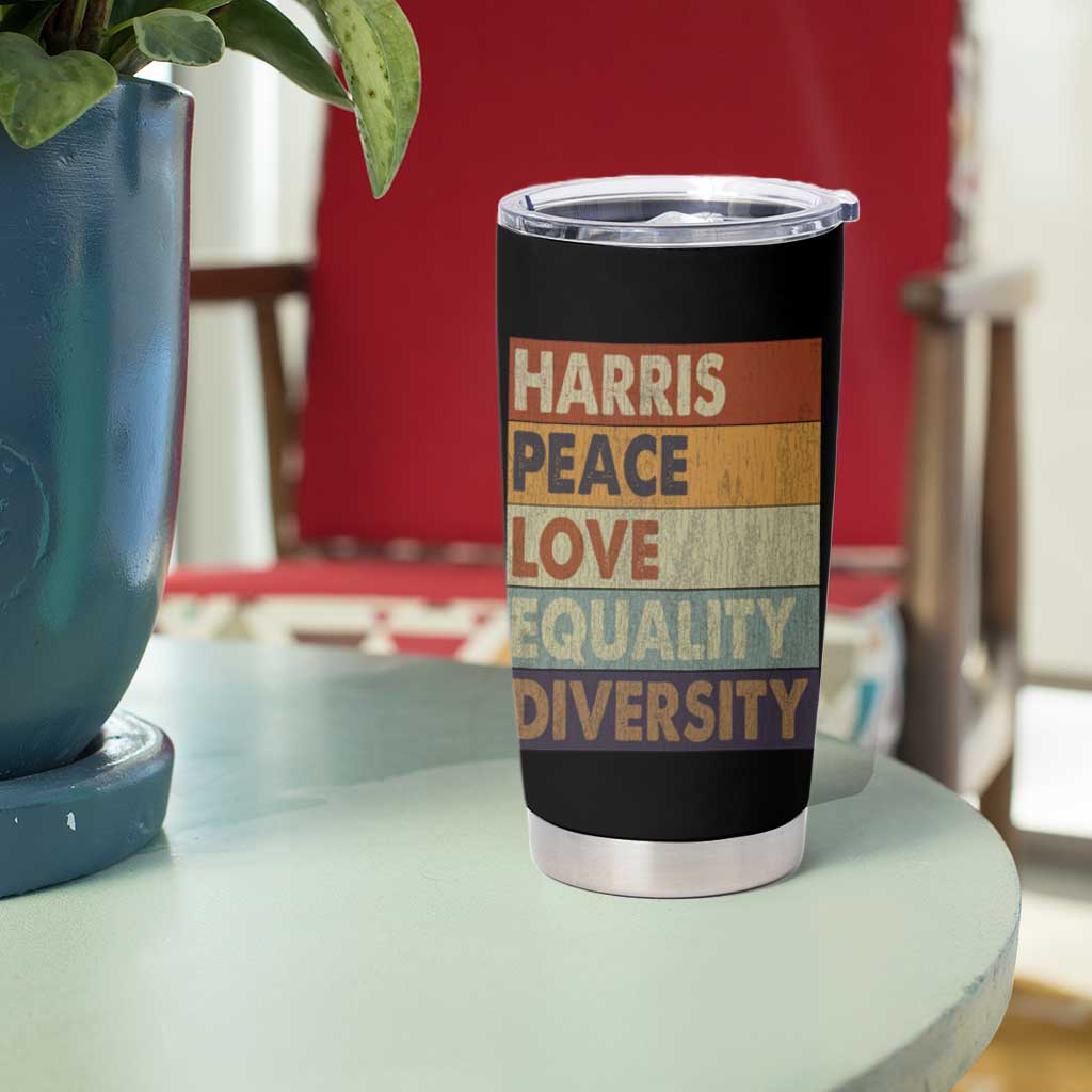Harris 2024 Tumbler Cup Peace Love Equality Hope Diversity Human Rights Retro - Wonder Print Shop