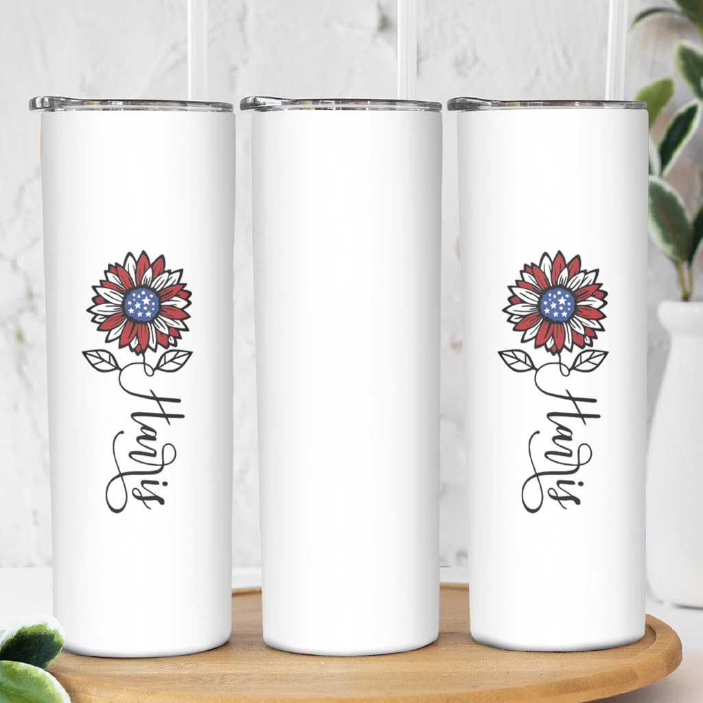 Harris 2024 Election Skinny Tumbler Madam President Vintage Floral Sunflower American Flag - Wonder Print Shop