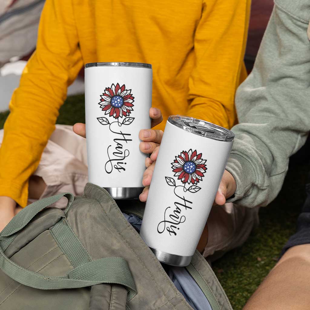 Harris 2024 Election Tumbler Cup Madam President Vintage Floral Sunflower American Flag - Wonder Print Shop