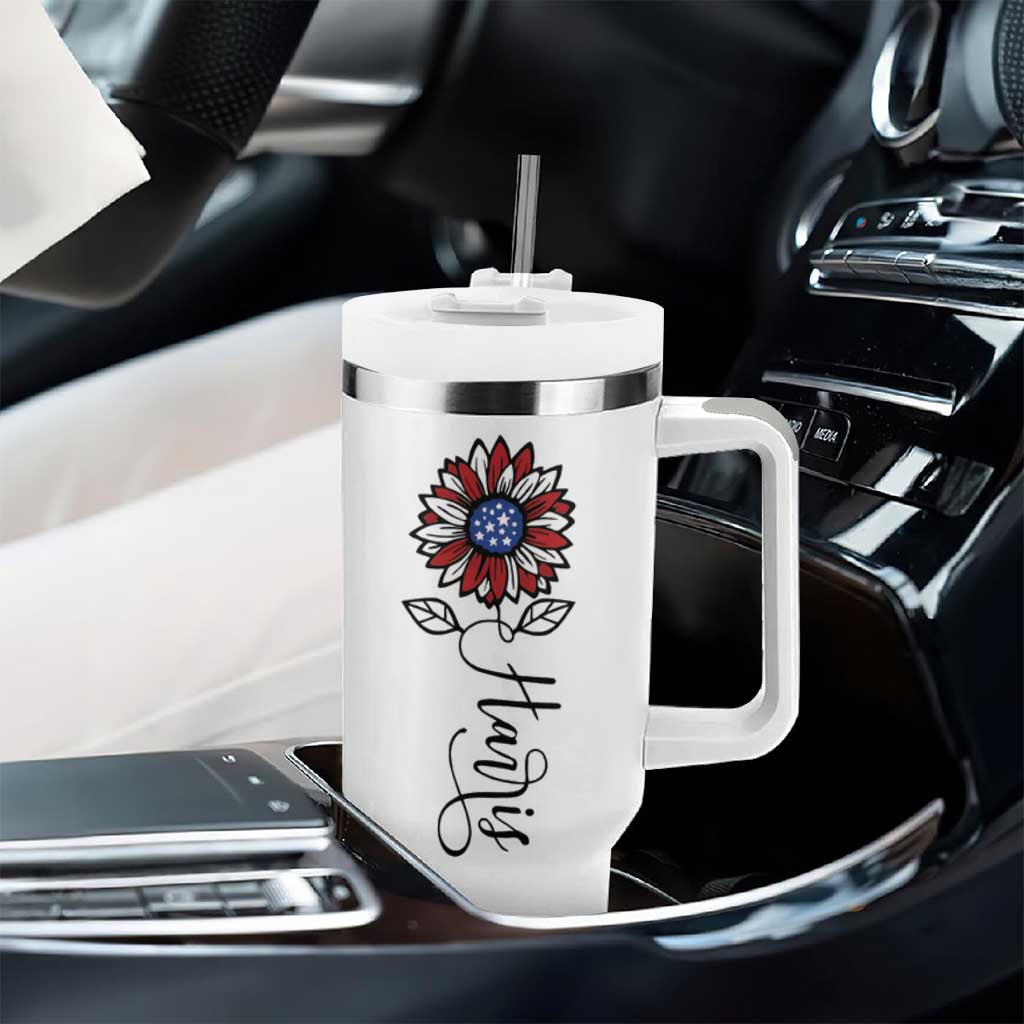 Harris 2024 Election Tumbler With Handle Madam President Vintage Floral Sunflower American Flag - Wonder Print Shop