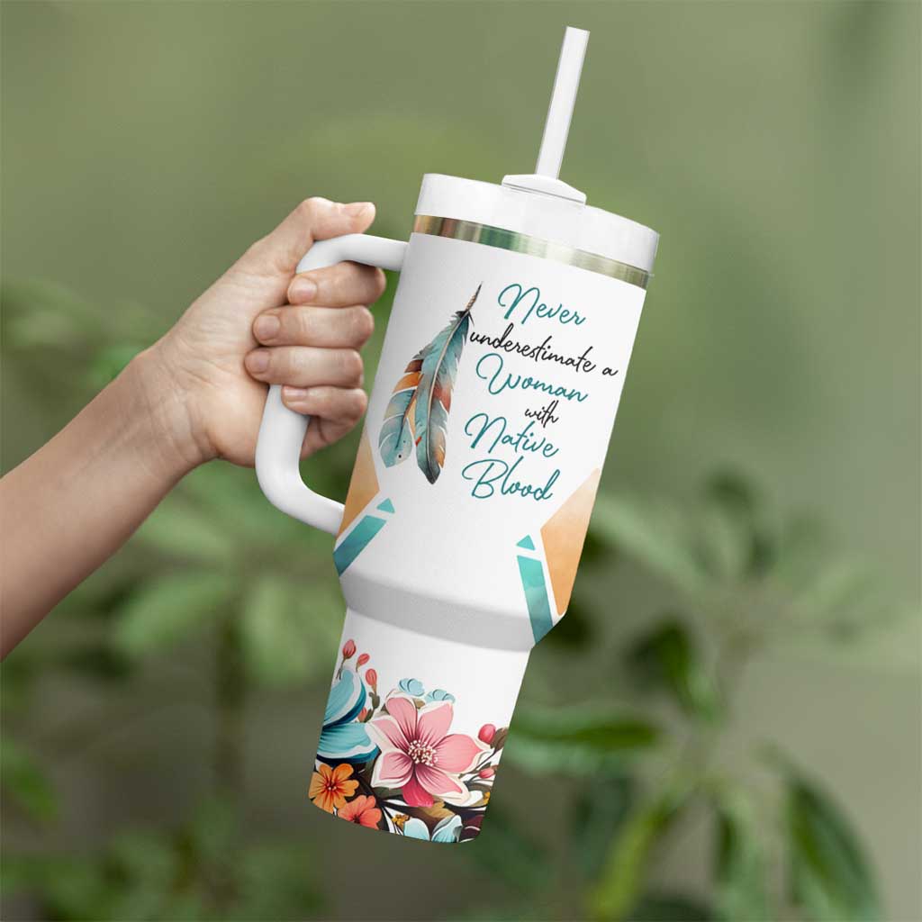 Native American Indian Pride Tumbler With Handle Never Underestimate A Women With Native Blood Tribe Southwest Tribal Bull Cow Skull Feathers - Wonder Print Shop