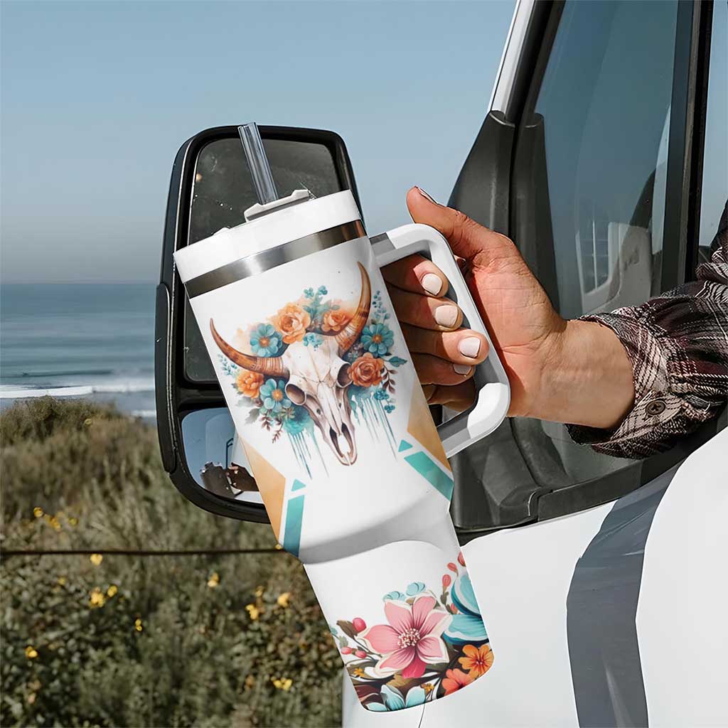 Native American Indian Pride Tumbler With Handle Never Underestimate A Women With Native Blood Tribe Southwest Tribal Bull Cow Skull Feathers - Wonder Print Shop