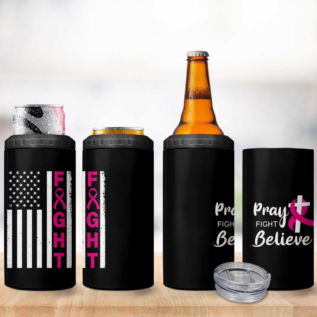 Breast Cancer Awareness 4 in 1 Can Cooler Tumbler Christian Gift Pink Ribbon USA Flag Pray Fight Believe - Wonder Print Shop