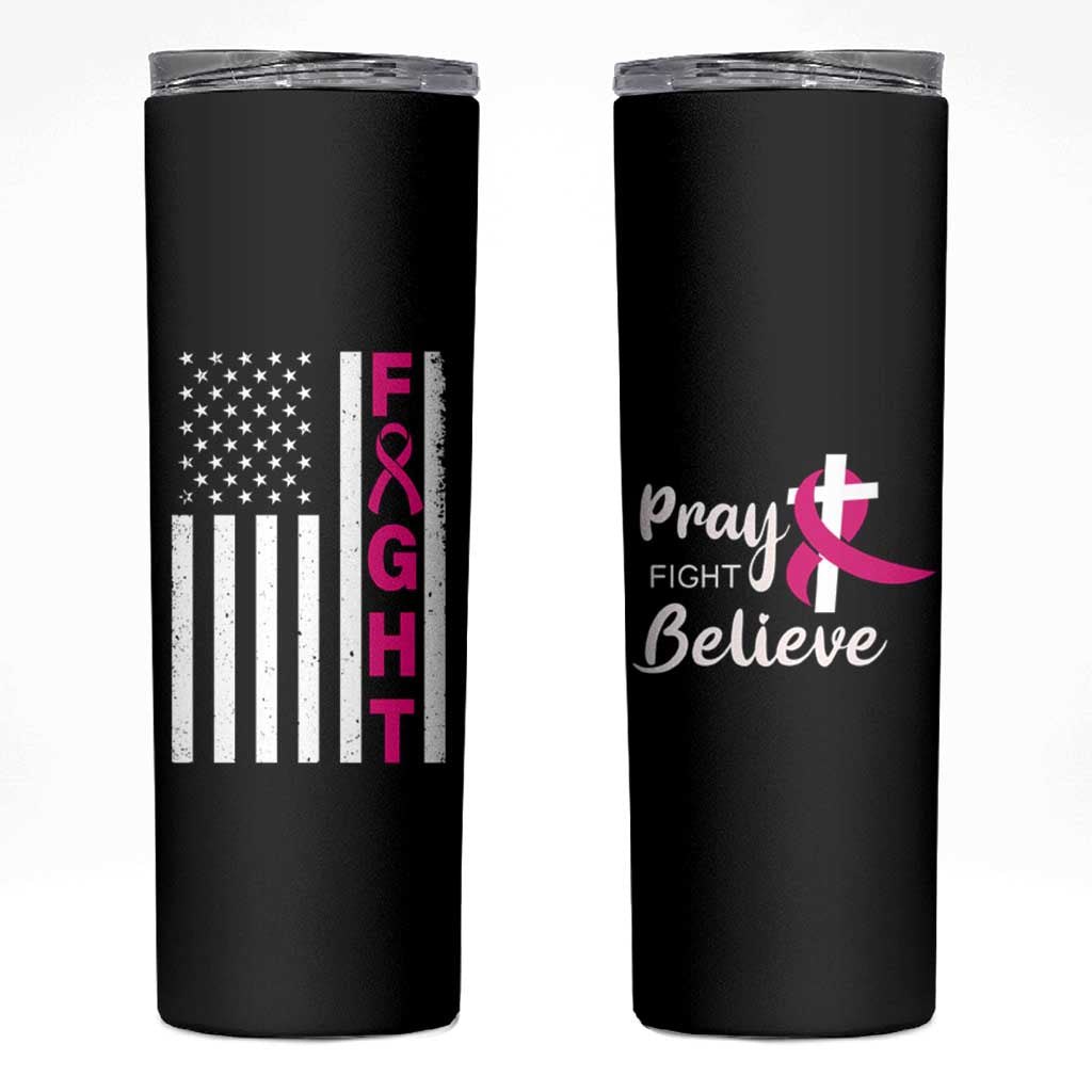 Breast Cancer Awareness Skinny Tumbler Christian Gift Pink Ribbon USA Flag Pray Fight Believe - Wonder Print Shop