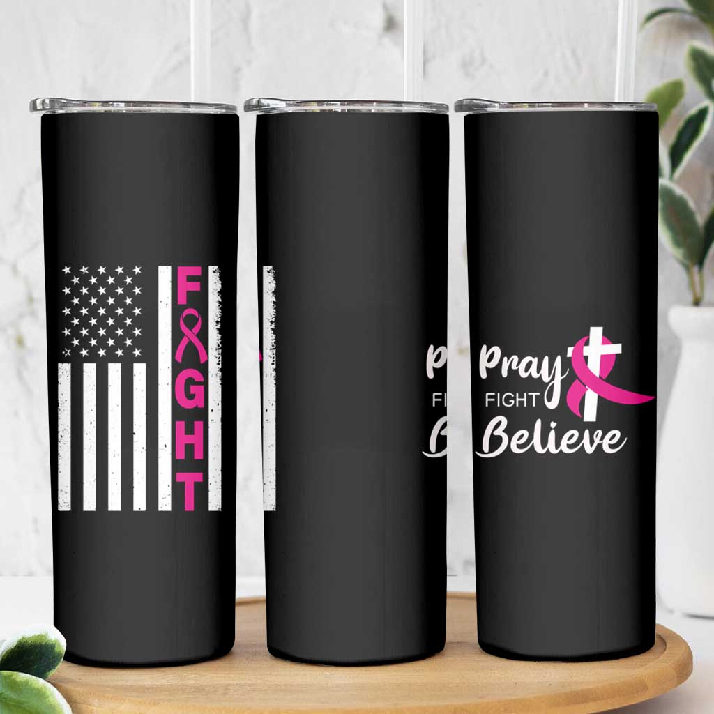 Breast Cancer Awareness Skinny Tumbler Christian Gift Pink Ribbon USA Flag Pray Fight Believe - Wonder Print Shop