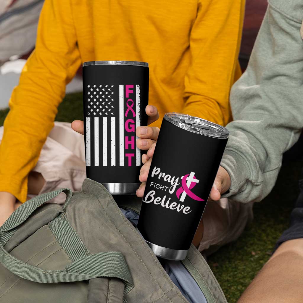Breast Cancer Awareness Tumbler Cup Christian Gift Pink Ribbon USA Flag Pray Fight Believe - Wonder Print Shop