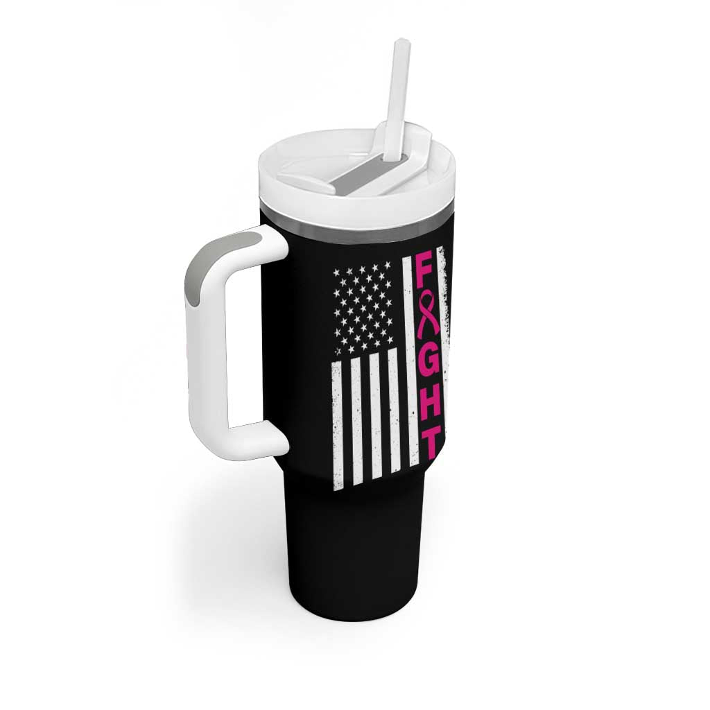 Breast Cancer Awareness Tumbler With Handle Christian Gift Pink Ribbon USA Flag Pray Fight Believe - Wonder Print Shop