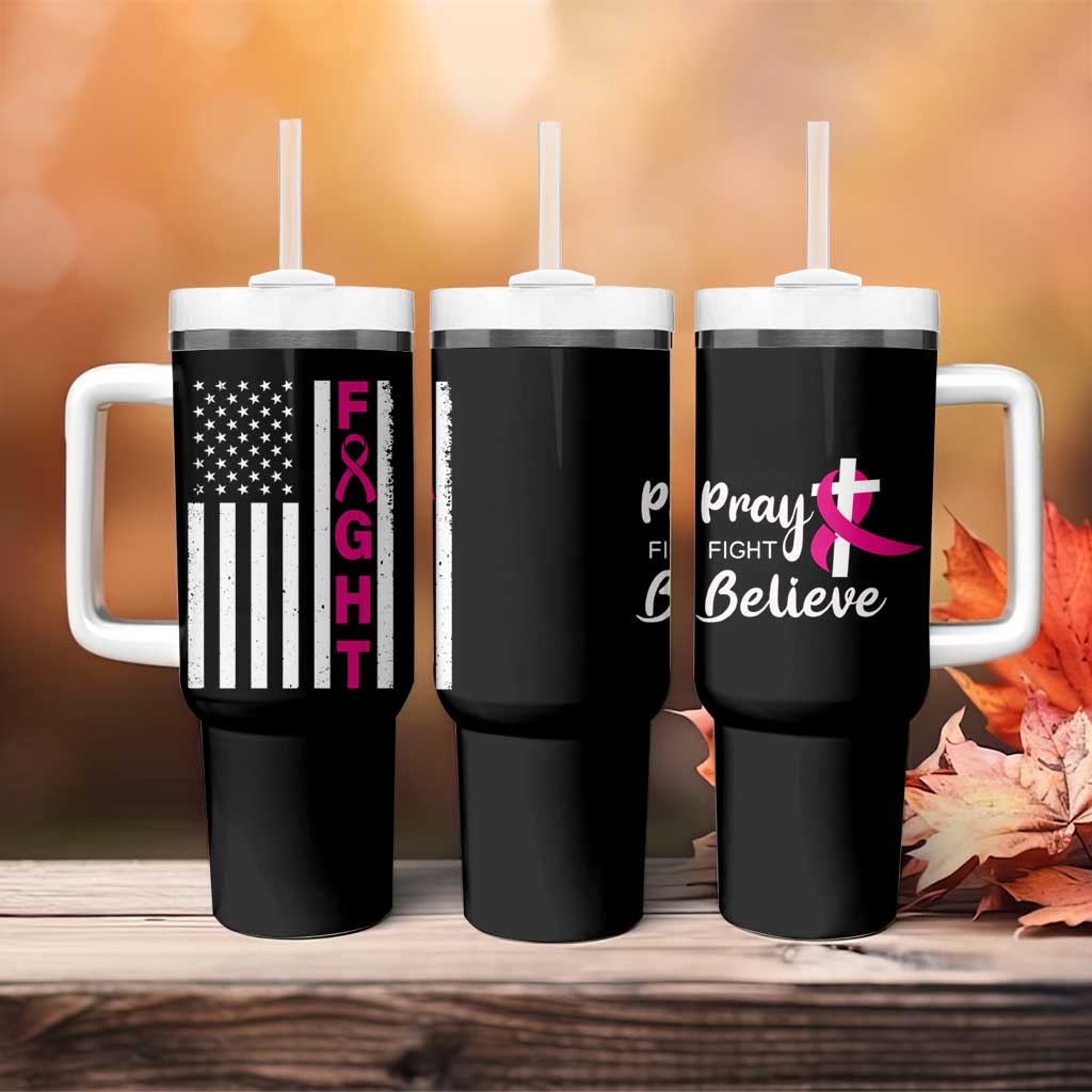 Breast Cancer Awareness Tumbler With Handle Christian Gift Pink Ribbon USA Flag Pray Fight Believe - Wonder Print Shop