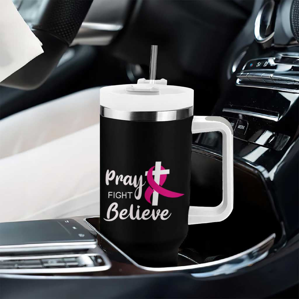 Breast Cancer Awareness Tumbler With Handle Christian Gift Pink Ribbon USA Flag Pray Fight Believe - Wonder Print Shop