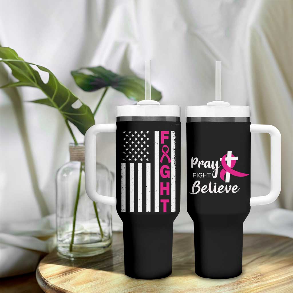 Breast Cancer Awareness Tumbler With Handle Christian Gift Pink Ribbon USA Flag Pray Fight Believe - Wonder Print Shop
