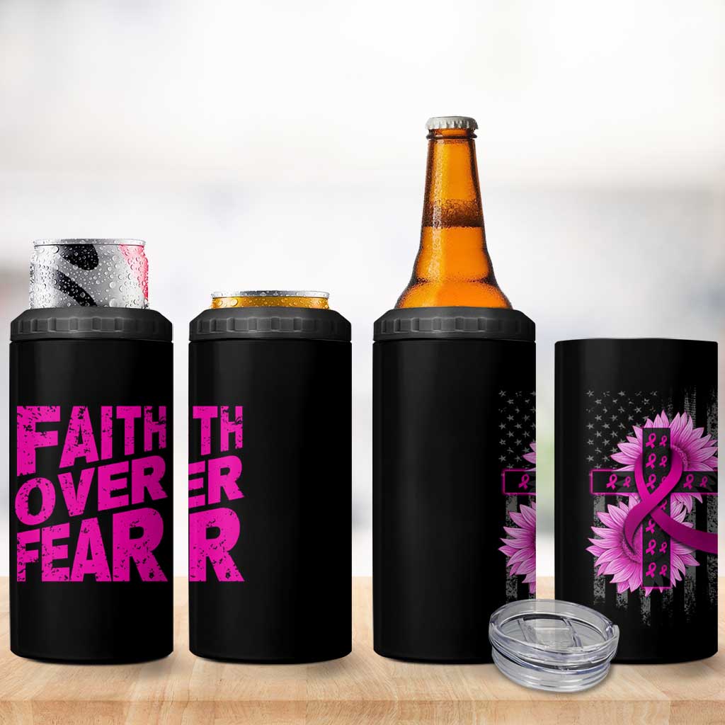 Breast Cancer Awareness 4 in 1 Can Cooler Tumbler Christian Gift Pink Ribbon USA Flag Sunflower Faith Over Fear - Wonder Print Shop
