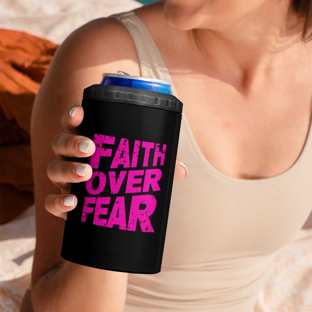 Breast Cancer Awareness 4 in 1 Can Cooler Tumbler Christian Gift Pink Ribbon USA Flag Sunflower Faith Over Fear - Wonder Print Shop