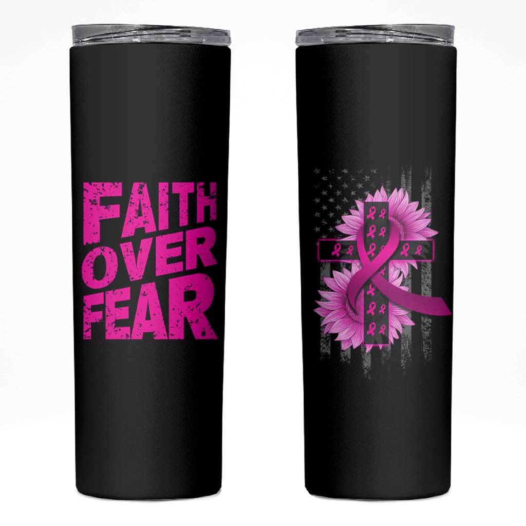 Breast Cancer Awareness Skinny Tumbler Christian Gift Pink Ribbon USA Flag Sunflower Faith Over Fear - Wonder Print Shop