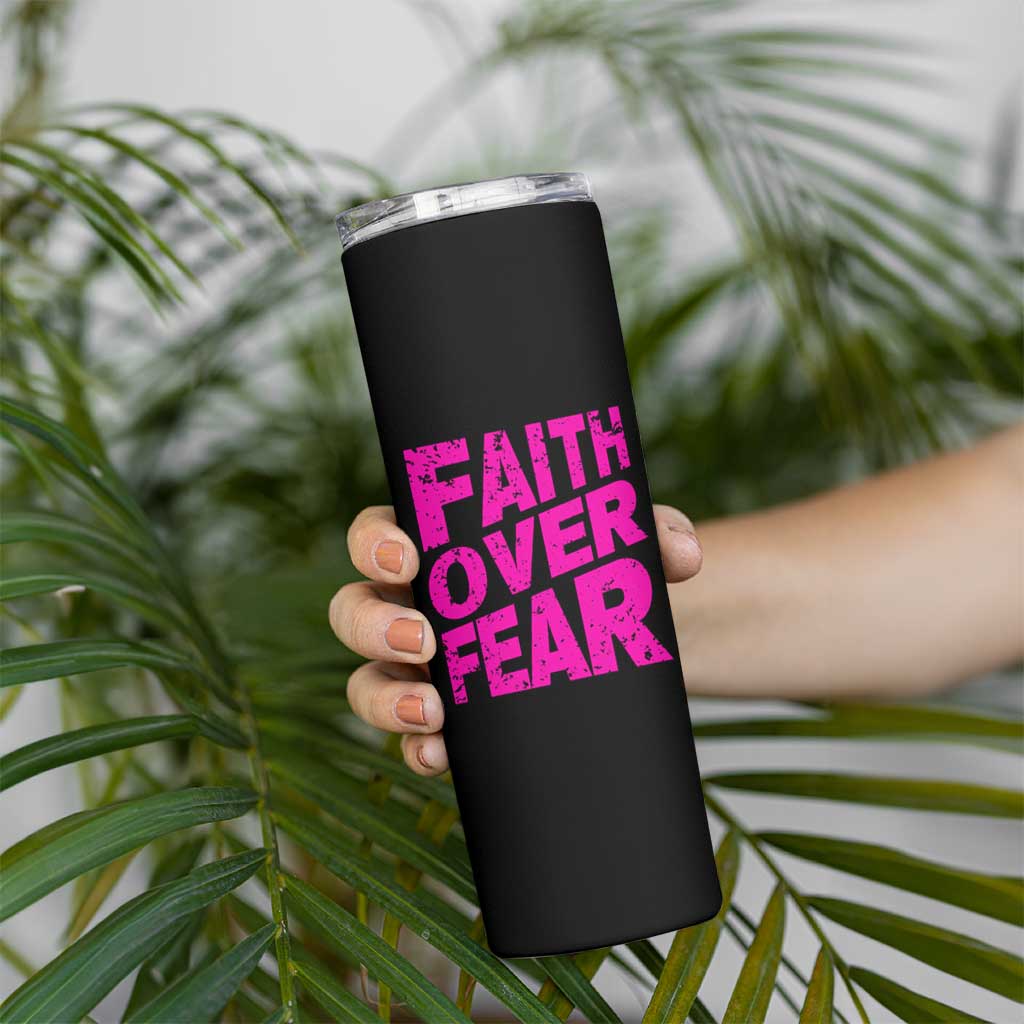 Breast Cancer Awareness Skinny Tumbler Christian Gift Pink Ribbon USA Flag Sunflower Faith Over Fear - Wonder Print Shop