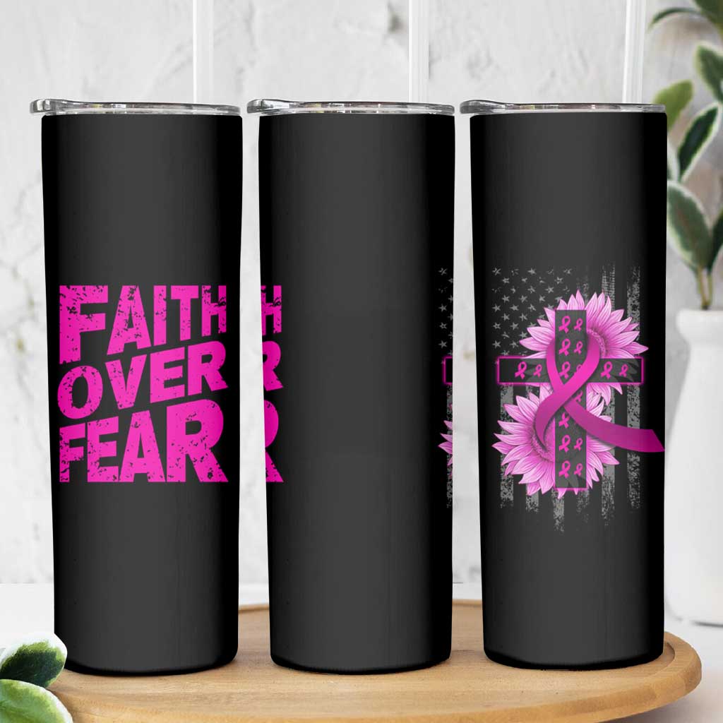 Breast Cancer Awareness Skinny Tumbler Christian Gift Pink Ribbon USA Flag Sunflower Faith Over Fear - Wonder Print Shop