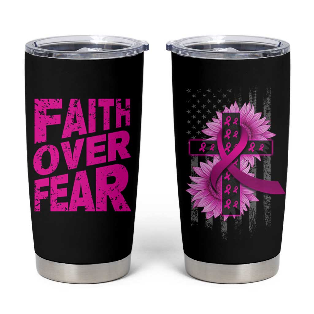 Breast Cancer Awareness Tumbler Cup Christian Gift Pink Ribbon USA Flag Sunflower Faith Over Fear - Wonder Print Shop