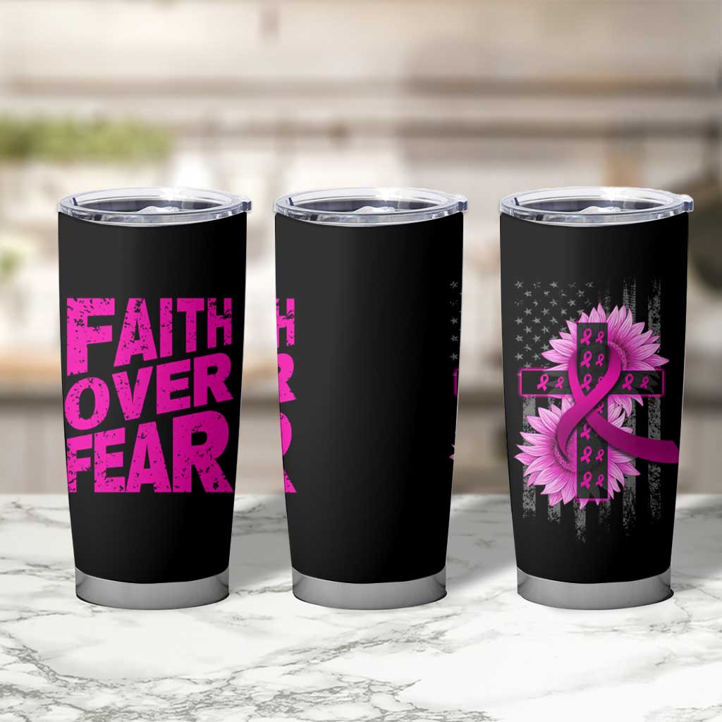Breast Cancer Awareness Tumbler Cup Christian Gift Pink Ribbon USA Flag Sunflower Faith Over Fear - Wonder Print Shop