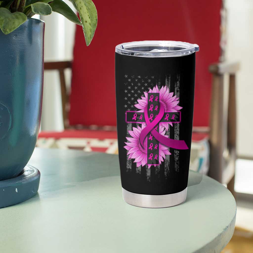 Breast Cancer Awareness Tumbler Cup Christian Gift Pink Ribbon USA Flag Sunflower Faith Over Fear - Wonder Print Shop