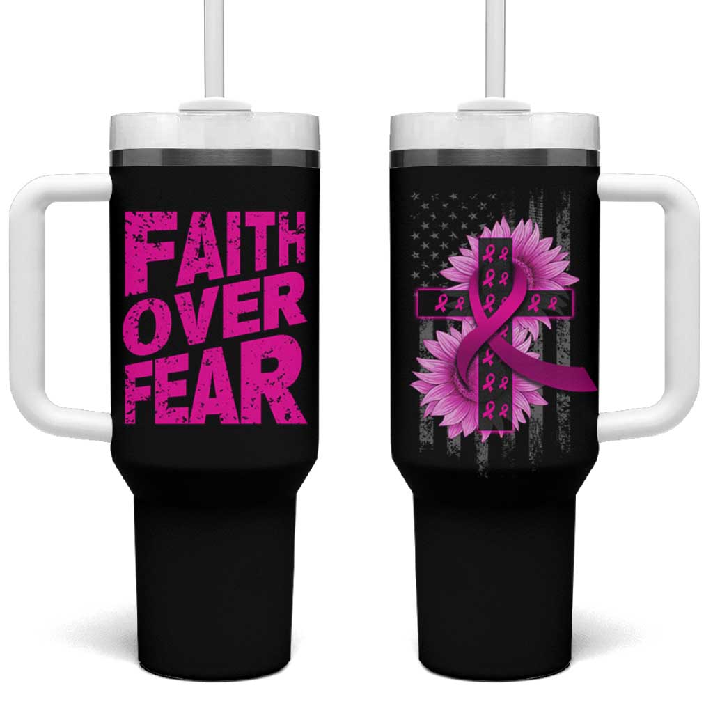 Breast Cancer Awareness Tumbler With Handle Christian Gift Pink Ribbon USA Flag Sunflower Faith Over Fear - Wonder Print Shop