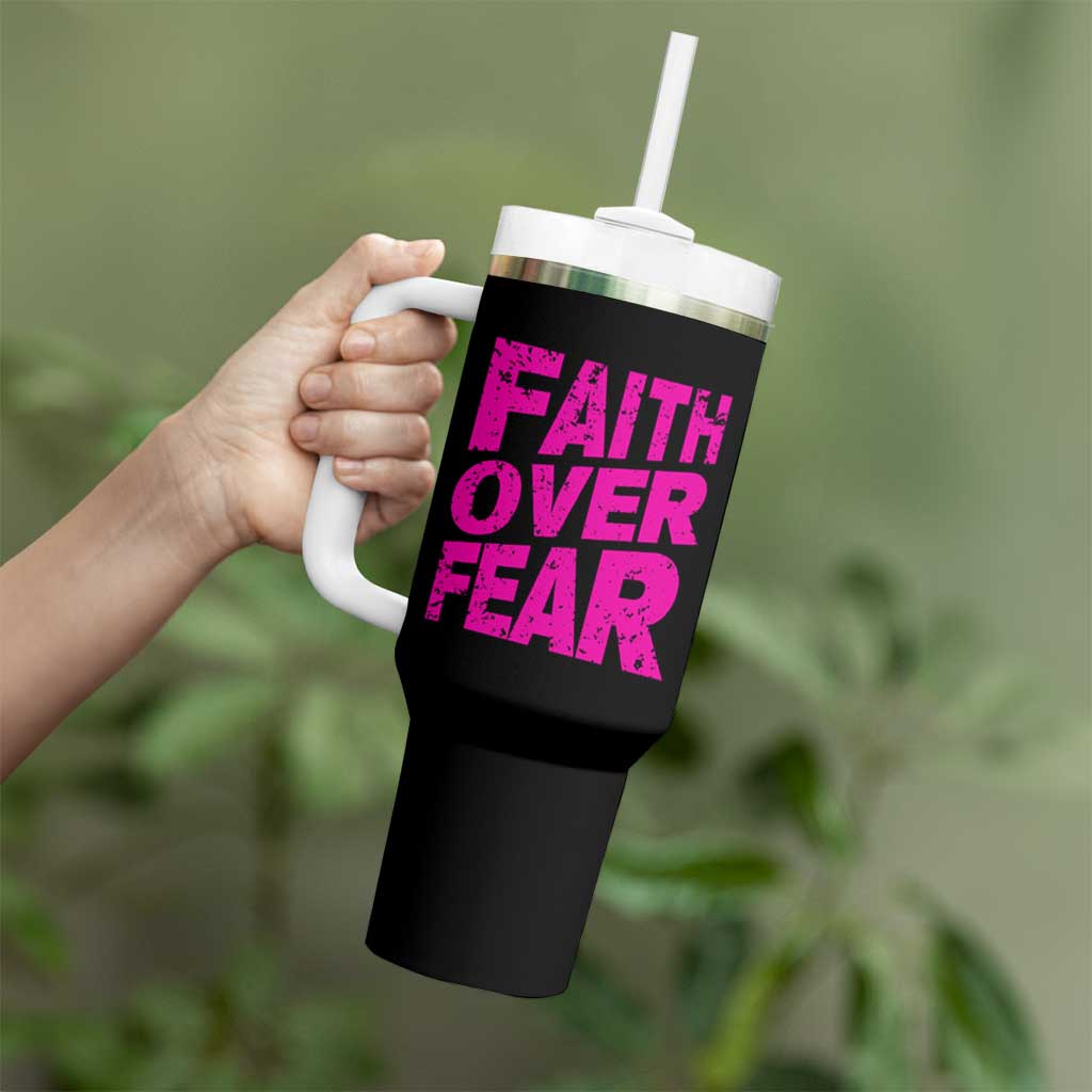 Breast Cancer Awareness Tumbler With Handle Christian Gift Pink Ribbon USA Flag Sunflower Faith Over Fear - Wonder Print Shop