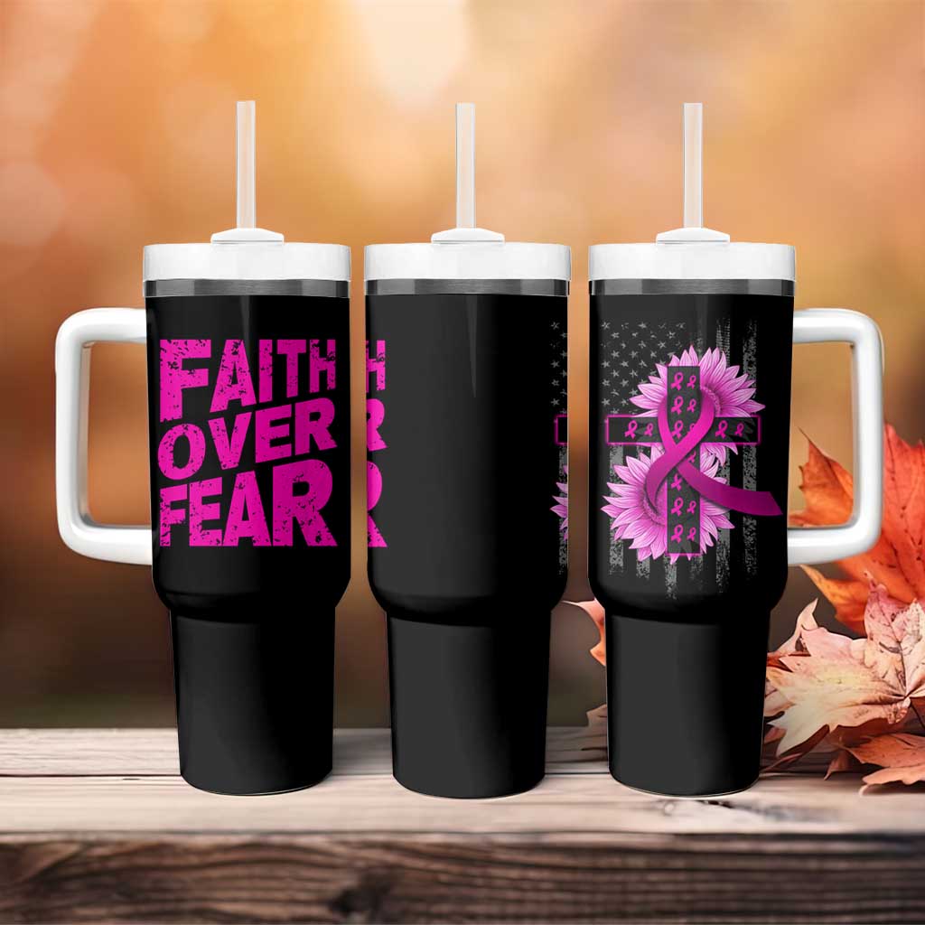 Breast Cancer Awareness Tumbler With Handle Christian Gift Pink Ribbon USA Flag Sunflower Faith Over Fear - Wonder Print Shop