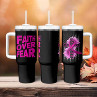 Breast Cancer Awareness Tumbler With Handle Christian Gift Pink Ribbon USA Flag Sunflower Faith Over Fear - Wonder Print Shop