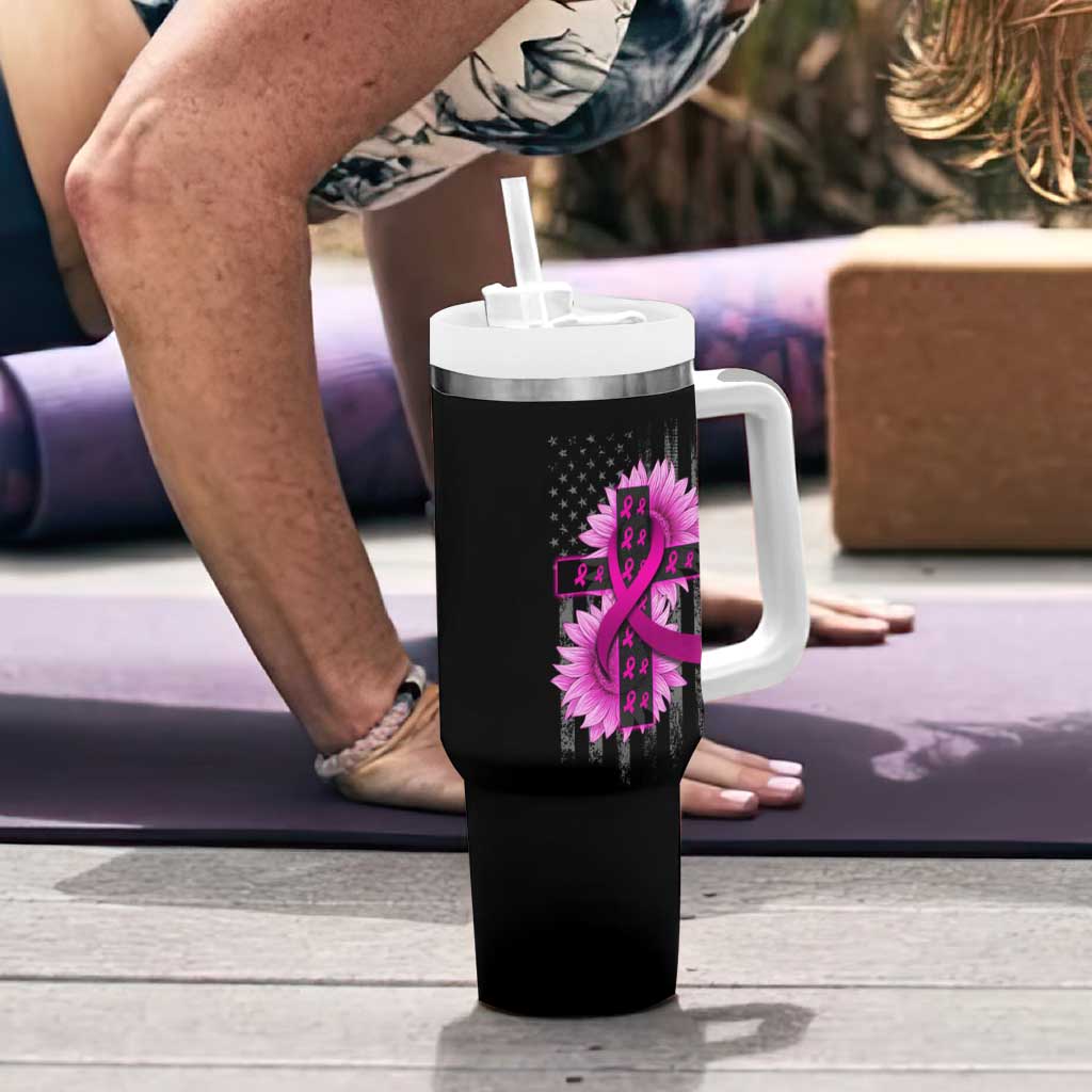 Breast Cancer Awareness Tumbler With Handle Christian Gift Pink Ribbon USA Flag Sunflower Faith Over Fear - Wonder Print Shop