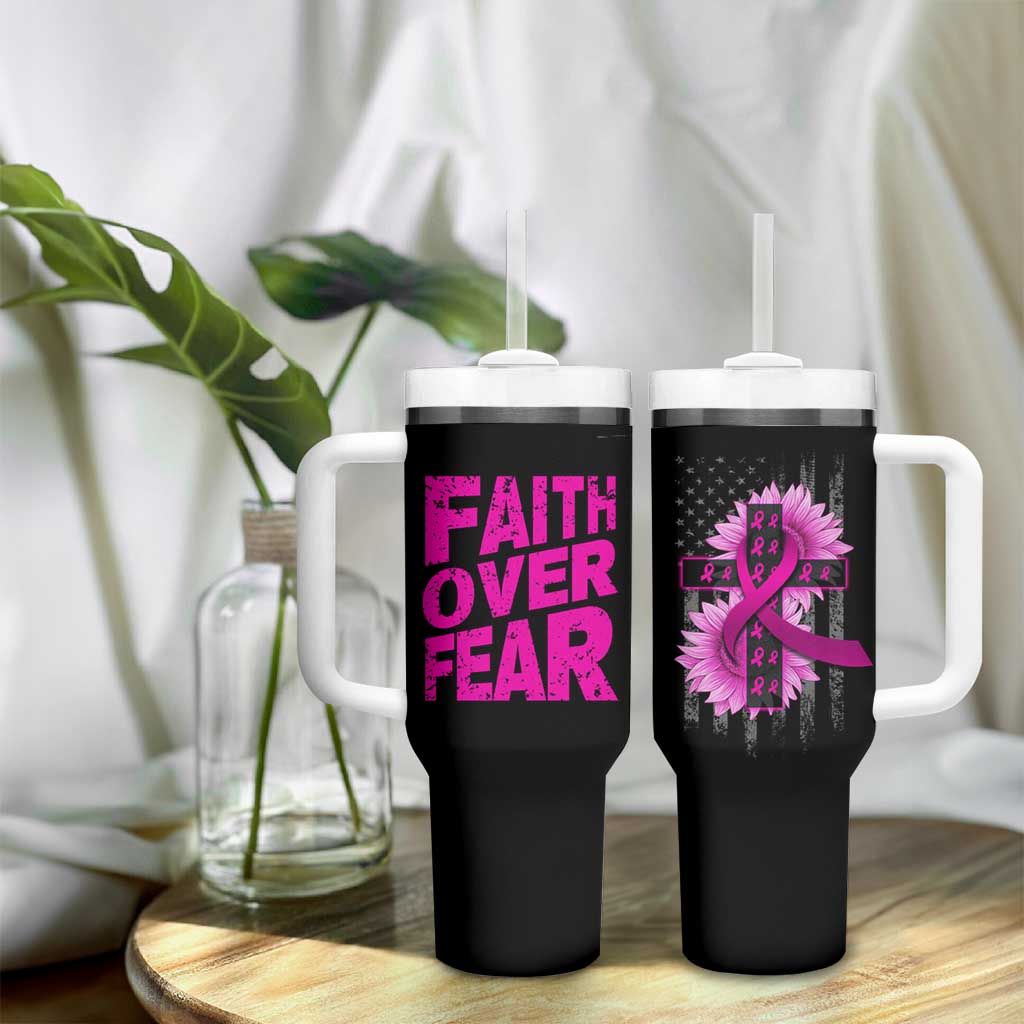 Breast Cancer Awareness Tumbler With Handle Christian Gift Pink Ribbon USA Flag Sunflower Faith Over Fear - Wonder Print Shop