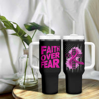 Breast Cancer Awareness Tumbler With Handle Christian Gift Pink Ribbon USA Flag Sunflower Faith Over Fear - Wonder Print Shop