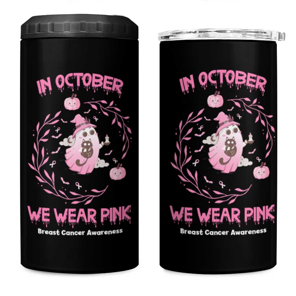 Cute Ghost Halloween Breast Cancer Awareness 4 in 1 Can Cooler Tumbler In October We Wear Pink - Wonder Print Shop