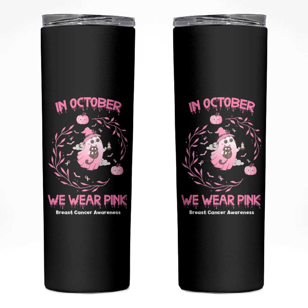Cute Ghost Halloween Breast Cancer Awareness Skinny Tumbler In October We Wear Pink - Wonder Print Shop