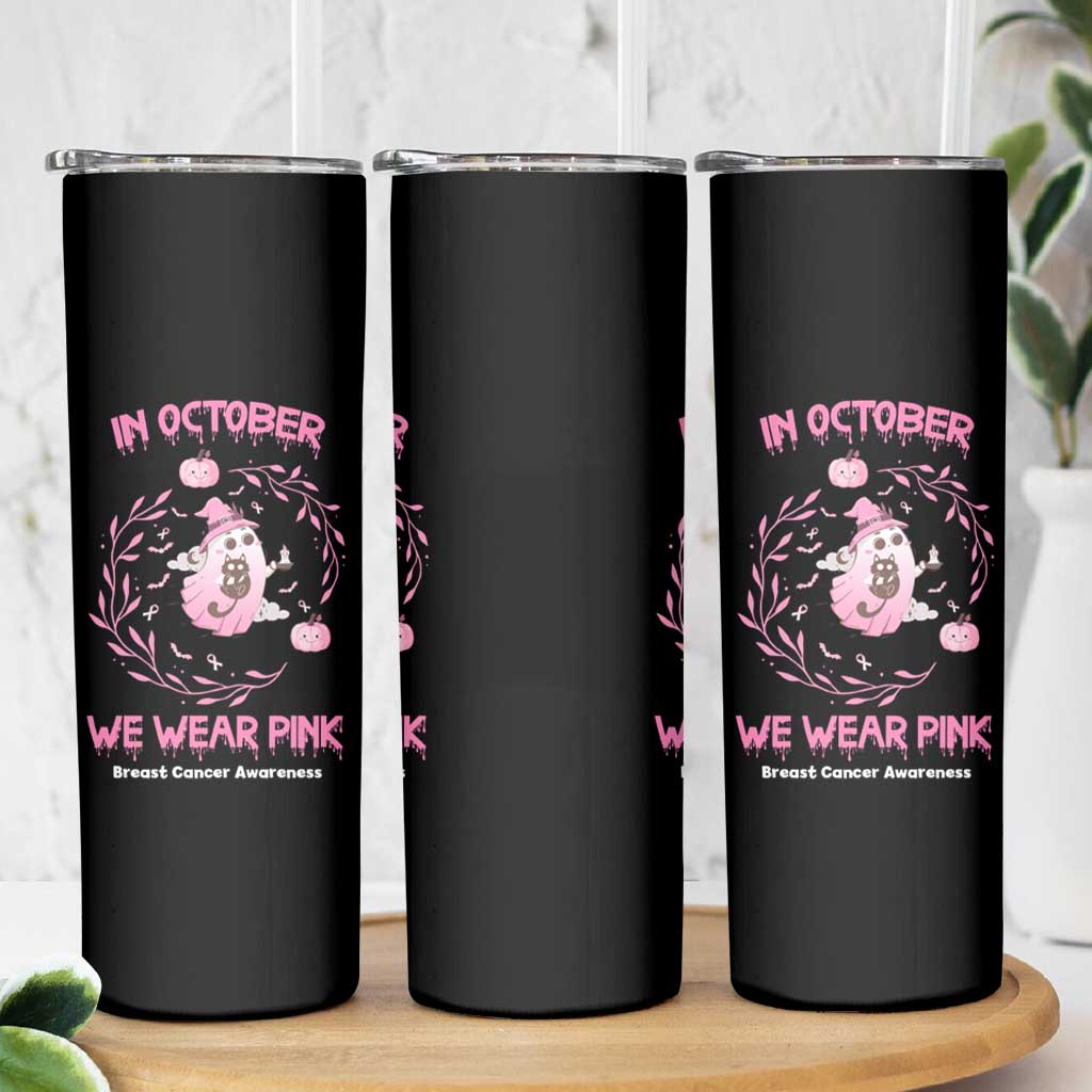 Cute Ghost Halloween Breast Cancer Awareness Skinny Tumbler In October We Wear Pink - Wonder Print Shop