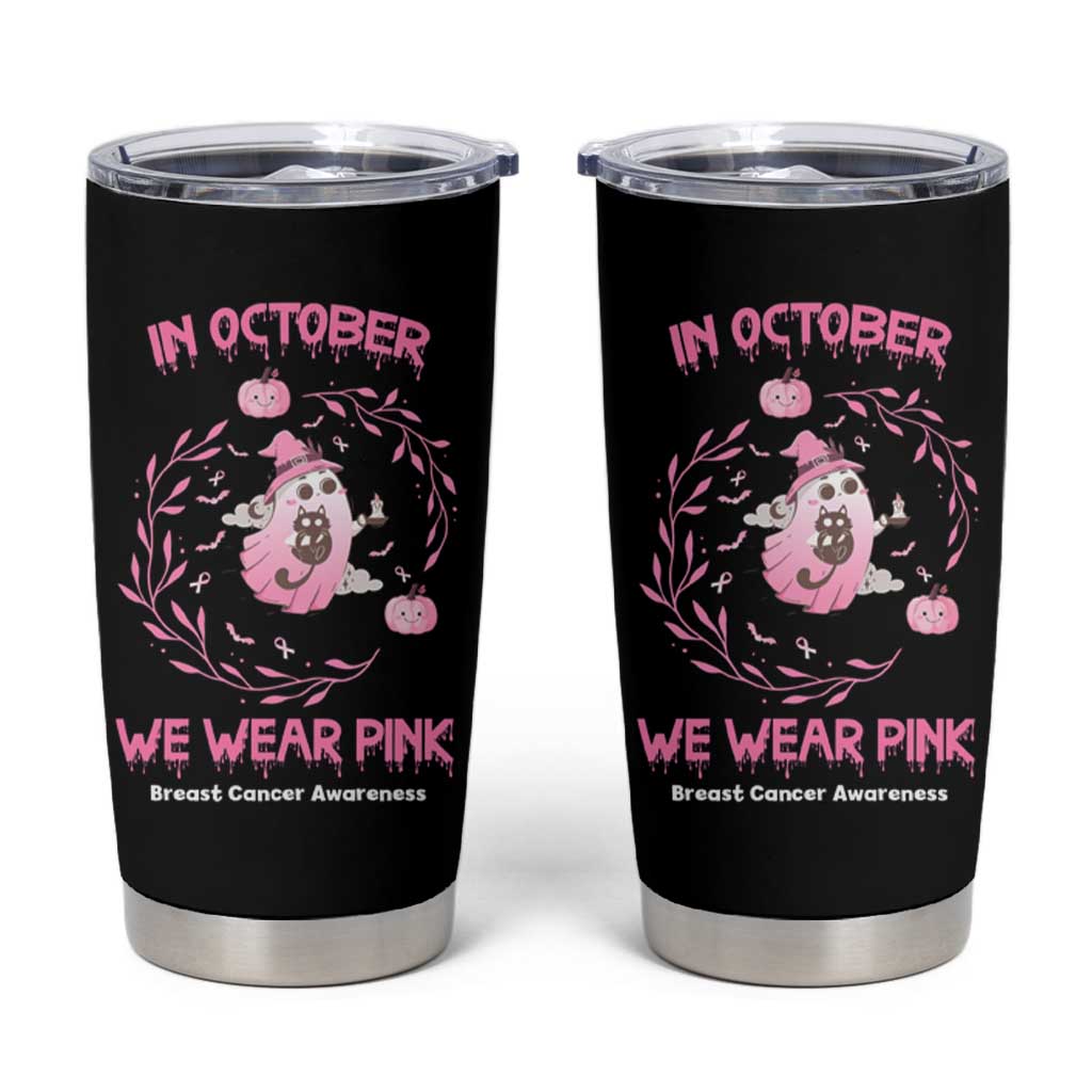 Cute Ghost Halloween Breast Cancer Awareness Tumbler Cup In October We Wear Pink - Wonder Print Shop