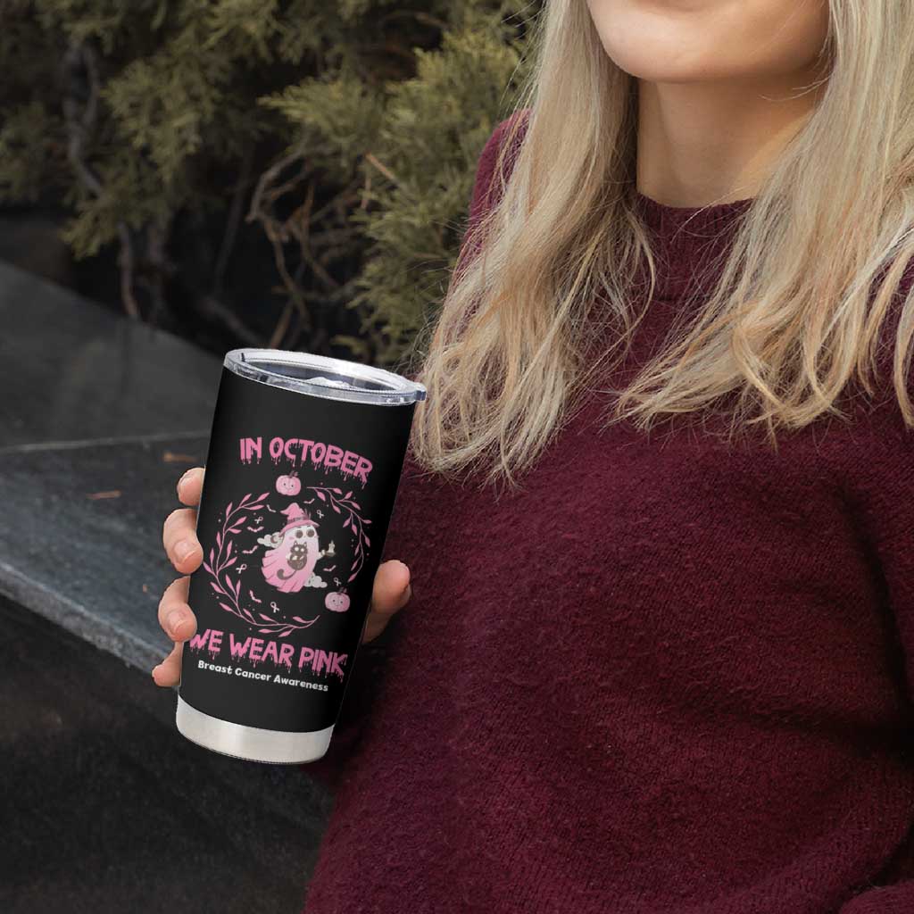 Cute Ghost Halloween Breast Cancer Awareness Tumbler Cup In October We Wear Pink - Wonder Print Shop
