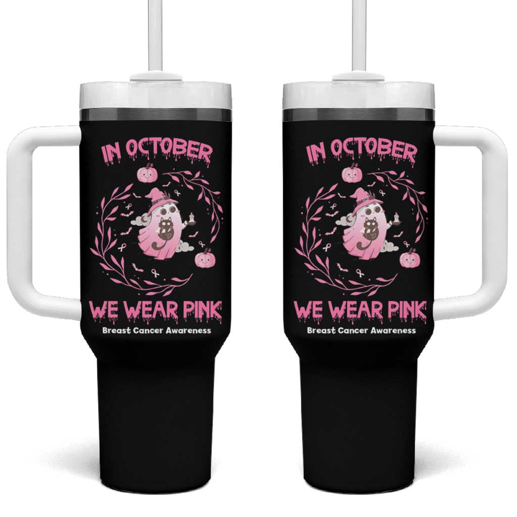 Cute Ghost Halloween Breast Cancer Awareness Tumbler With Handle In October We Wear Pink - Wonder Print Shop