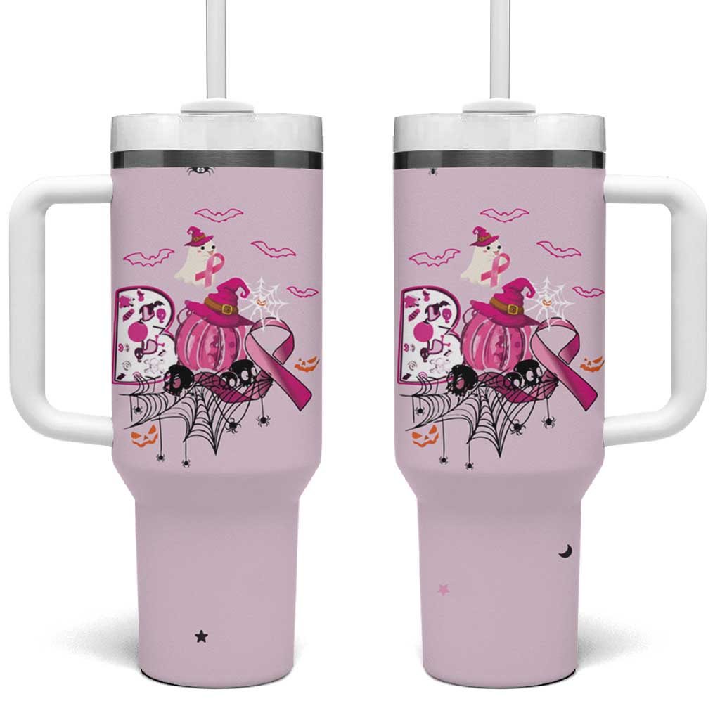 Pink Ghost Halloween Tumbler With Handle Funny Breast Cancer Ribbon - Wonder Print Shop