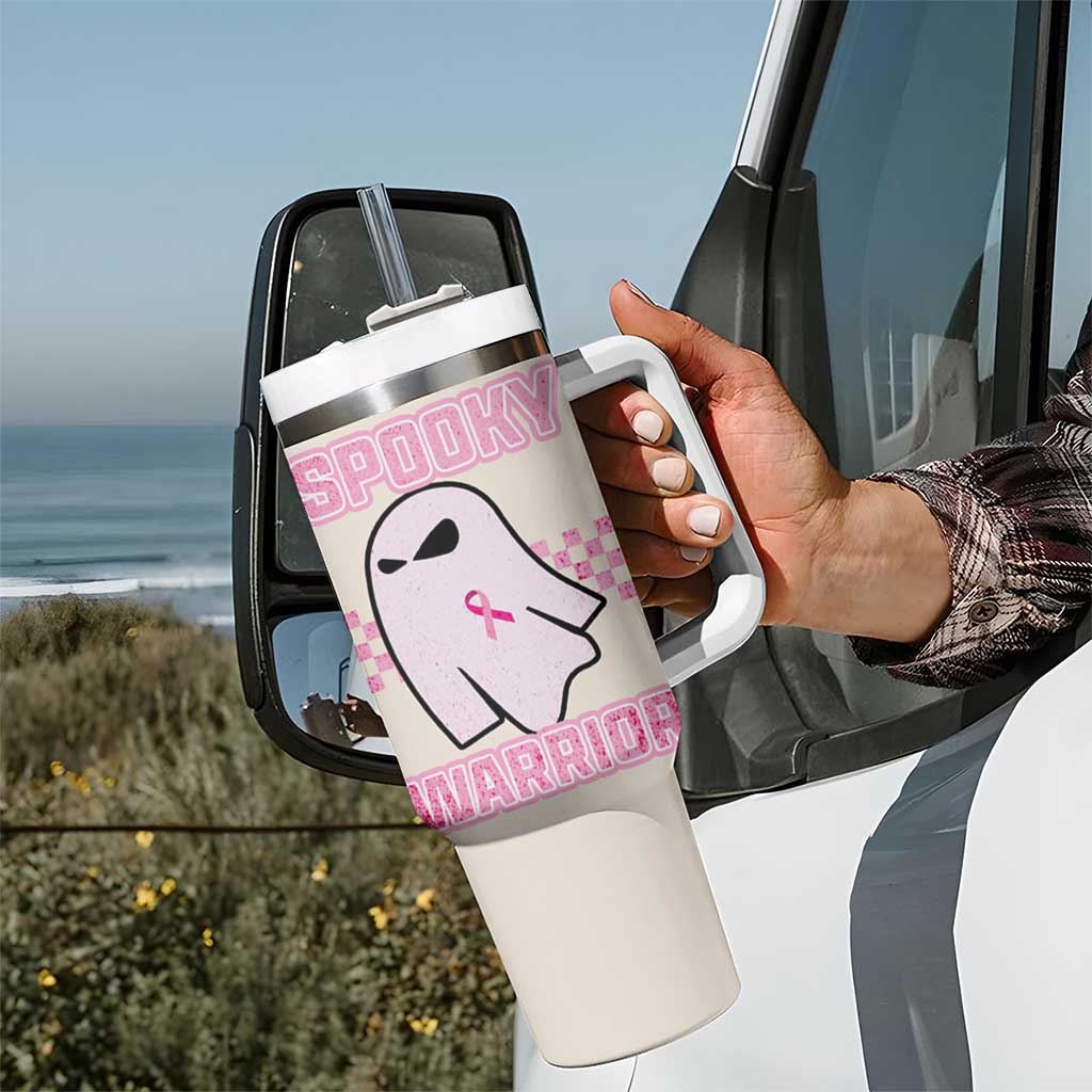 Breast Cancer Awareness Tumbler With Handle Pink Ribbon Boojee Halloween Spooky Warriror - Wonder Print Shop