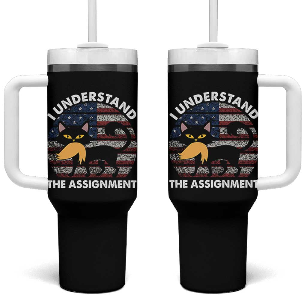 Subtle FDT Black Cat Meme Tumbler With Handle I Understand The Assignment American Flag