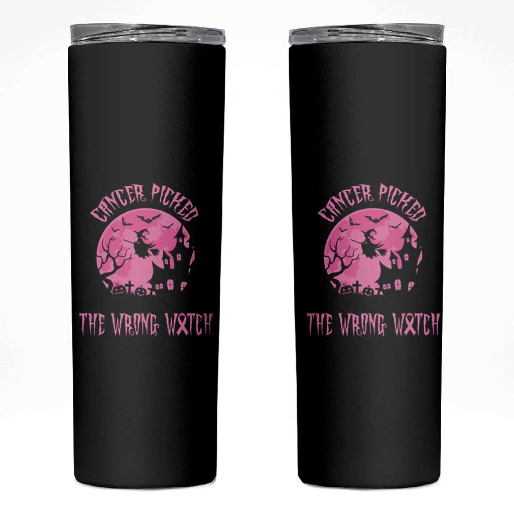 Breast Cancer Awareness Halloween Skinny Tumbler Pink Ribbon Cancer You Picked The Wrong Witch - Wonder Print Shop