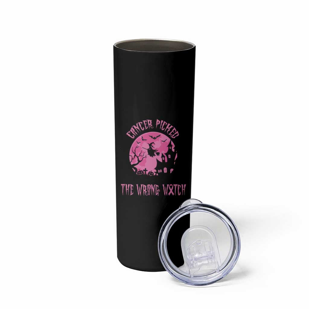 Breast Cancer Awareness Halloween Skinny Tumbler Pink Ribbon Cancer You Picked The Wrong Witch - Wonder Print Shop