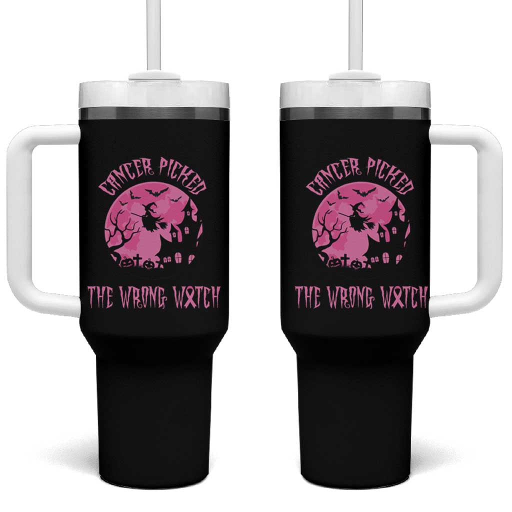 Breast Cancer Awareness Halloween Tumbler With Handle Pink Ribbon Cancer You Picked The Wrong Witch - Wonder Print Shop