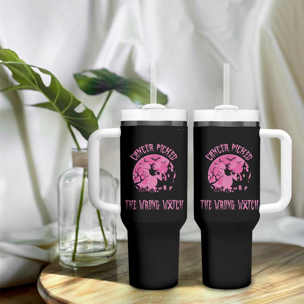 Breast Cancer Awareness Halloween Tumbler With Handle Pink Ribbon Cancer You Picked The Wrong Witch - Wonder Print Shop