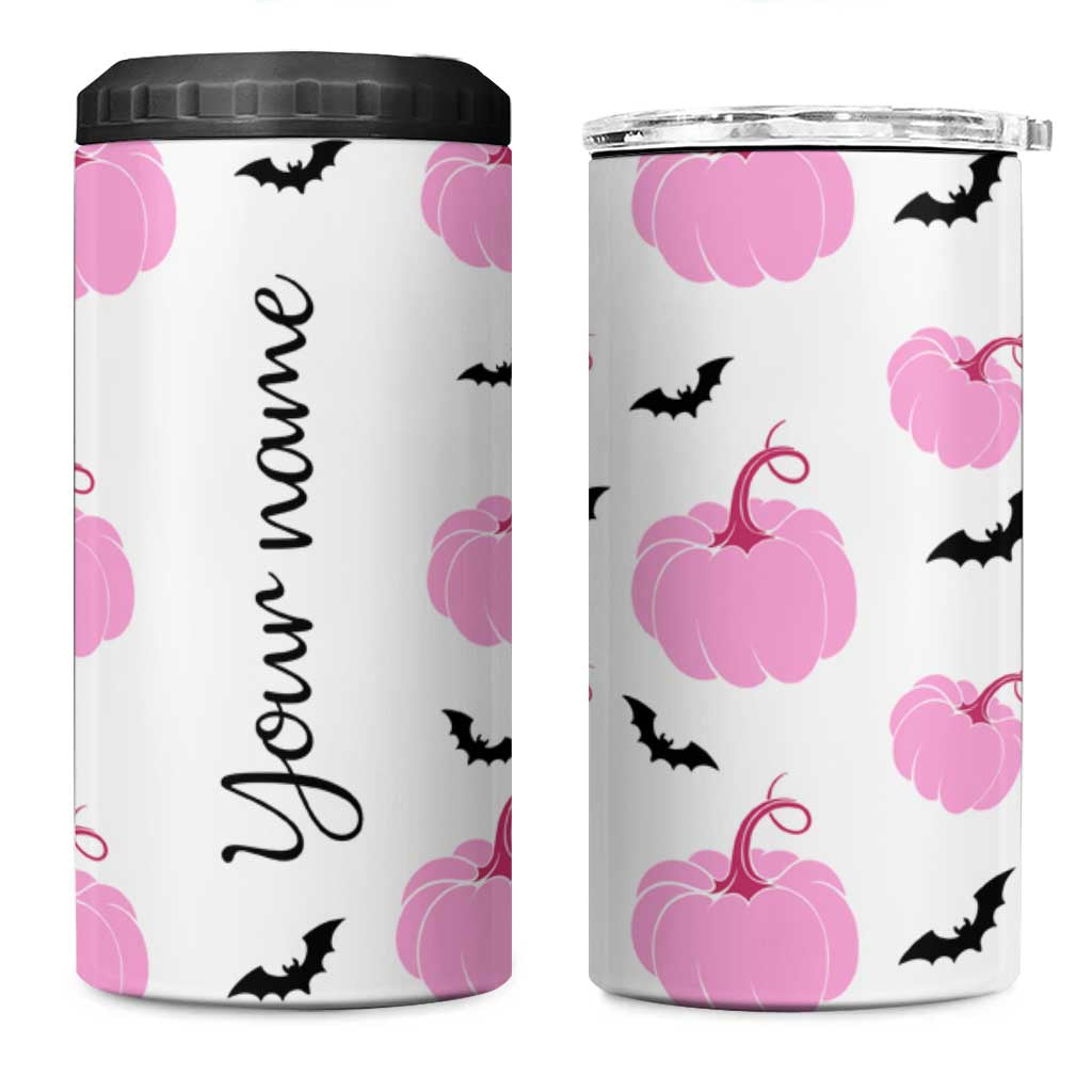 Personalized Halloween Iced Coffee 4 in 1 Can Cooler Tumbler Custom Name Pink Pumpkin Cup - Wonder Print Shop