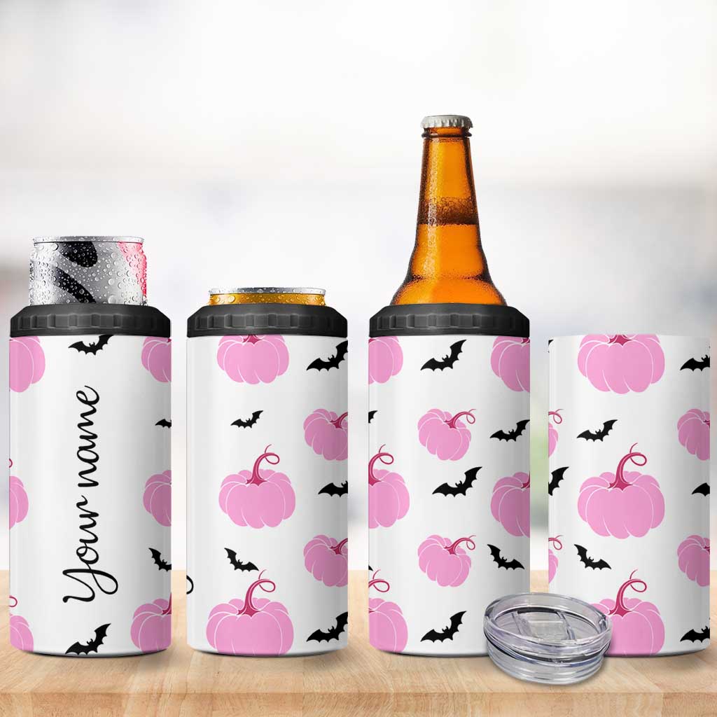 Personalized Halloween Iced Coffee 4 in 1 Can Cooler Tumbler Custom Name Pink Pumpkin Cup - Wonder Print Shop