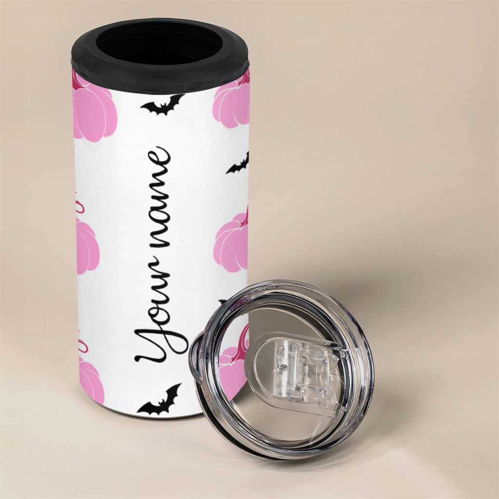 Personalized Halloween Iced Coffee 4 in 1 Can Cooler Tumbler Custom Name Pink Pumpkin Cup - Wonder Print Shop
