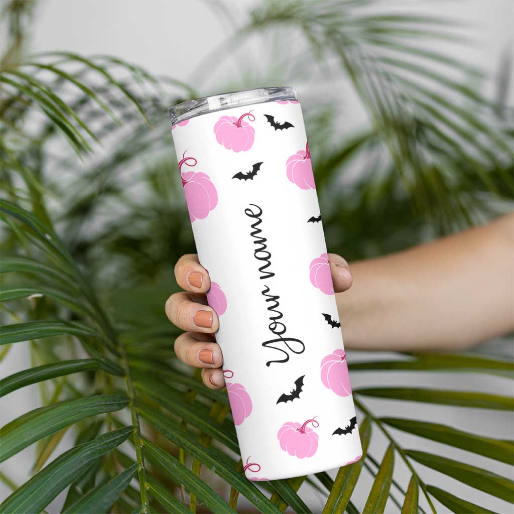 Personalized Halloween Iced Coffee Skinny Tumbler Custom Name Pink Pumpkin Cup - Wonder Print Shop